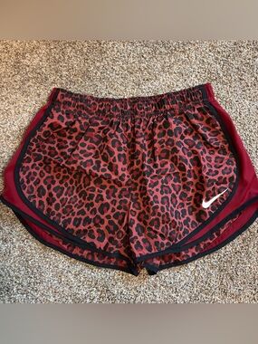Nike Women's Red Leopard Print Athletic Shorts with White Swoosh Glitter specs
